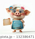 Little pig holding an empty sign, perfect for creating personalized menus, event invites, or sale announcements. Fun 3D illustration 132386471
