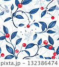 Winter-themed seamless pattern featuring red berries, blue leaves, and snowflakes, ideal for wallpaper or fabric with a seasonal flair. 132386474