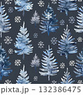 Snowy watercolor fir trees on a dark night sky, forming a seamless pattern perfect for holiday-themed designs and New Year celebrations. 132386475