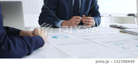Business professionals discuss financial reports and marketing strategies during a corporate meeting, focusing on marketing, planning, data analysis, and teamwork 132386649
