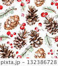 Classic winter seamless pattern of watercolor pine cones, red berries, and spruce branches on a white background. 132386728