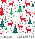 Seamless pattern with Christmas reindeer, trees, and red, green, and blue stars on a white background, celebrating the holiday season. 132386733