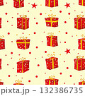 Seamless pattern with red Christmas presents and gold and red stars on white, using simple shapes to create a cheerful holiday design. 132386735