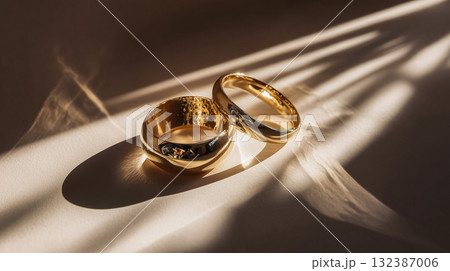 光と影の中の結婚指輪、静寂と感情を表現するミニマルな構図 132387006