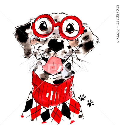 赤い眼鏡がキュートなダルメシアンの水彩イラスト 132387018