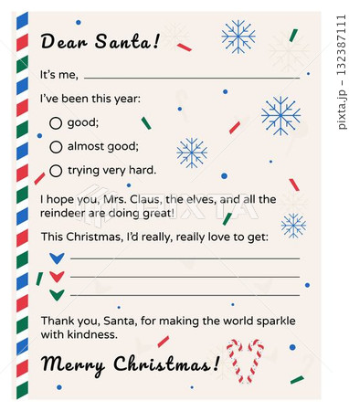 Retro Christmas letter to Santa Claus. Kids postcard with a wishlist. Vector template in vintage style with decorative elements - snowflakes, candy canes, hearts, confetti Retro Christmas letter to Santa Claus. Kids postcard with a wishlist. Vector template in vintage style with decorative elements - snowflakes, candy canes, hearts, confetti 132387111
