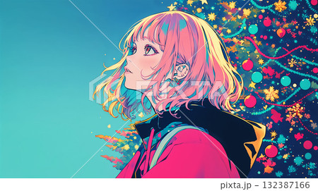 クリスマスツリーの前に立つ女性 132387166