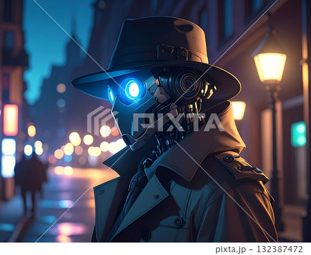 探偵帽をかぶったAIロボット、夜の街灯、少しミステリアスな雰囲気 探偵帽をかぶったAIロボット、夜の街灯、少しミステリアスな雰囲気 132387472