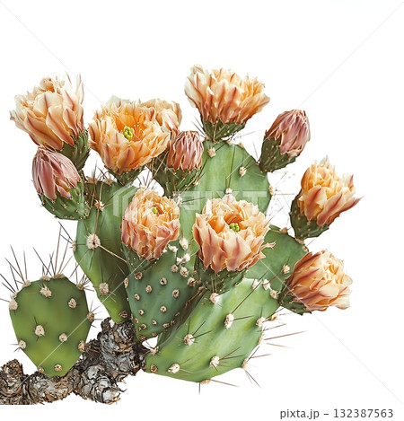Vibrant Desert Cactus with Colorful Blooms Against a White Background for Nature Lovers Vibrant Desert Cactus with Colorful Blooms Against a White Background for Nature Lovers 132387563