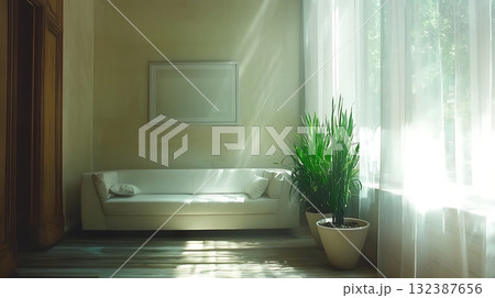 Bright and Airy Living Room with White Sofa and Potted Plant by Large Windows in Daylight Bright and Airy Living Room with White Sofa and Potted Plant by Large Windows in Daylight 132387656