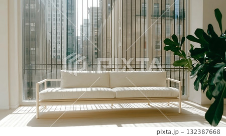 Modern Minimalist Living Room with Bright Natural Light and Urban City View Through Windows Modern Minimalist Living Room with Bright Natural Light and Urban City View Through Windows 132387668