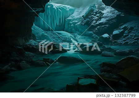 Majestic Ice Cave with Frozen Waterfalls and Turquoise Pool in a Mysterious Environment Majestic Ice Cave with Frozen Waterfalls and Turquoise Pool in a Mysterious Environment 132387799
