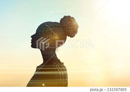 Profile of a woman with digital network elements and light shining through background Profile of a woman with digital network elements and light shining through background 132387805