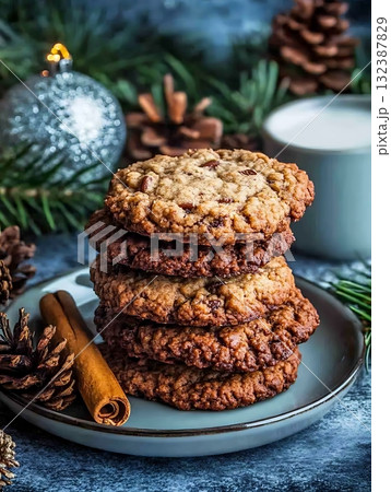 Cozy Holiday Cookies Stacked on Gray Plate with Cinnamon Stick and Pinecones Surrounding Cozy Holiday Cookies Stacked on Gray Plate with Cinnamon Stick and Pinecones Surrounding 132387829