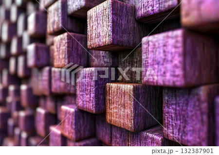 Abstract Background of Stacked Wooden Blocks in Shades of Purple and Brown Tones 132387901
