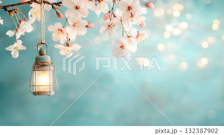 Lantern Hanging Among Cherry Blossom Branches with Soft Bokeh Background and Light Glow 132387902