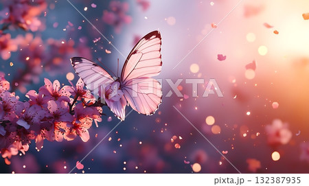 Delicate butterfly resting on blooming cherry blossom branch with soft light background 132387935