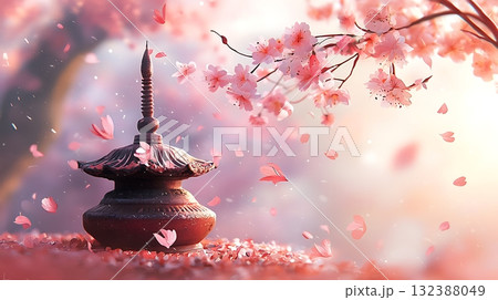Serene Temple with Cherry Blossoms and Petals Under Soft Pink Light 132388049