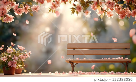 Peaceful Garden Scene with Bench Surrounded by Blossoming Flowers and Soft Sunlight Peaceful Garden Scene with Bench Surrounded by Blossoming Flowers and Soft Sunlight 132388056