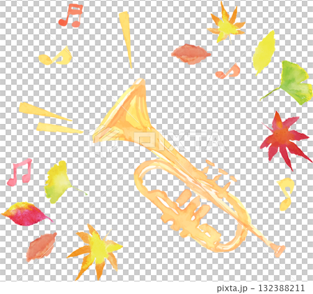 喇叭、音符和秋葉插圖向量 132388211
