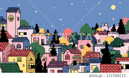 星空に照らされるカラフルな街並みのイラスト|温かみのある手描き風ナイトタウン 星空に照らされるカラフルな街並みのイラスト|温かみのある手描き風ナイトタウン 132388215