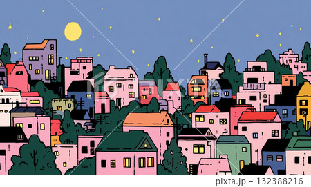 星空に照らされるカラフルな街並みのイラスト|温かみのある手描き風ナイトタウン 星空に照らされるカラフルな街並みのイラスト|温かみのある手描き風ナイトタウン 132388216