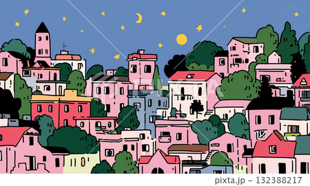 星空に照らされるカラフルな街並みのイラスト｜温かみのある手描き風ナイトタウン 132388217