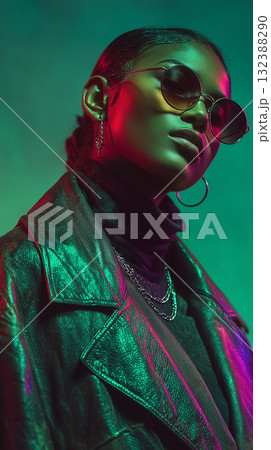 ネオンに照らされる女性モデルのポートレート|サイバー感漂う夜のアーバンファッション ネオンに照らされる女性モデルのポートレート|サイバー感漂う夜のアーバンファッション 132388290