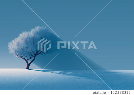 雪原に佇む一本の木と長い影｜静寂と孤独を描くミニマルな冬の風景 132388313