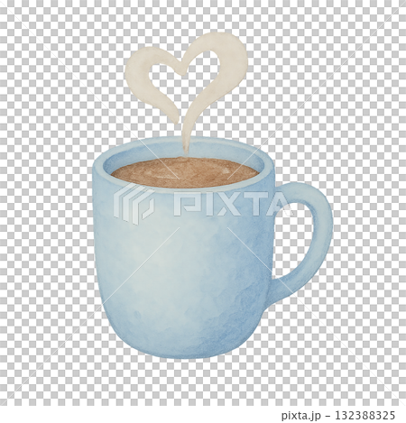 盛有熱氣騰騰的心形咖啡的藍色杯子和冬季咖啡館材料的插圖（剪切，透明背景） 132388325