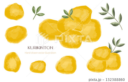 栗きんとん（おせち料理）の水彩タッチイラストセット 132388860