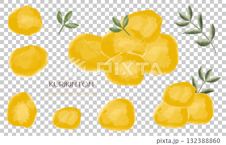 栗きんとん（おせち料理）の水彩タッチイラストセット 132388860