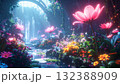 アニメ風、光る花やメカニカル植物が生い茂る未来庭園 132388909
