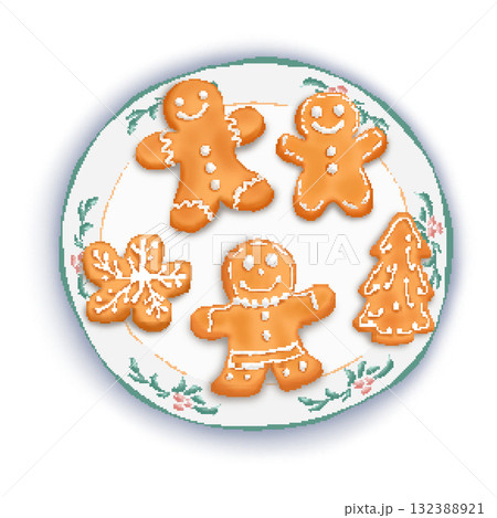 Pixel Christmas gingerbread cookies on festive plate 132388921