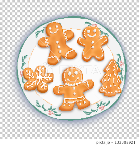Pixel Christmas gingerbread cookies on festive plate 132388921