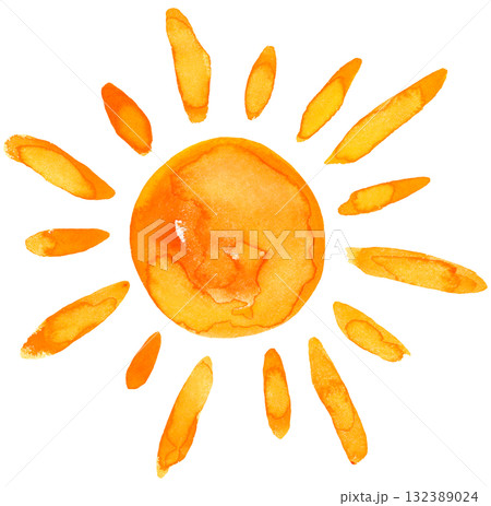 Sun Watercolor Whimsical Childish Style in Orange Color with Shining Rays on Isolated Background Sun Watercolor Whimsical Childish Style in Orange Color with Shining Rays on Isolated Background 132389024