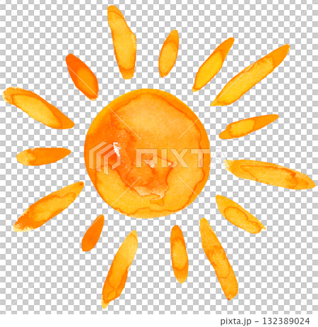 Sun Watercolor Whimsical Childish Style in Orange Color with Shining Rays on Isolated Background Sun Watercolor Whimsical Childish Style in Orange Color with Shining Rays on Isolated Background 132389024