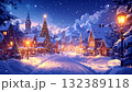 アニメイラスト風、雪が舞うクリスマスの街並み 132389118