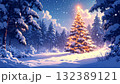 アニメ風、雪景色の森、光るクリスマスツリー、幻想的で静かな冬の世界 132389121