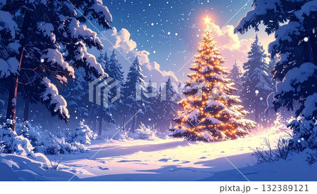 アニメ風、雪景色の森、光るクリスマスツリー、幻想的で静かな冬の世界 アニメ風、雪景色の森、光るクリスマスツリー、幻想的で静かな冬の世界 132389121