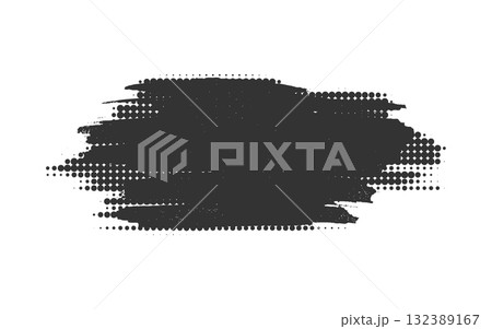 Rough black dry brush stroke halftone textured banner. Grain edge abstract dot effect smear spot grunge element. Expressive paint blot. Ink dust scratch fade print distortion splatter shape noise 132389167