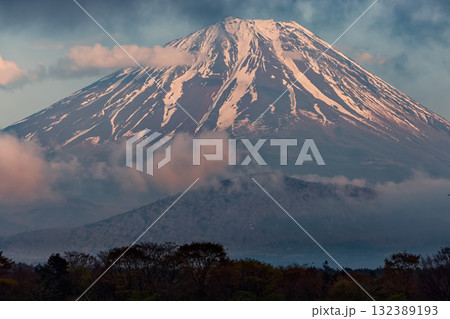精進湖畔から見る夕暮れの富士山 132389193