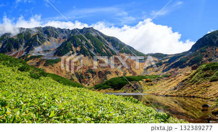 室堂平の秋　笹と這松の緑が美しいみどりが池と立山連峰の絶景　立山黒部アルペンルート富山県 132389277