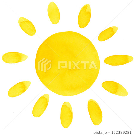 Yellow Sun Watercolor Sunshine with Short Cute Rays on Isolated Background Yellow Sun Watercolor Sunshine with Short Cute Rays on Isolated Background 132389281