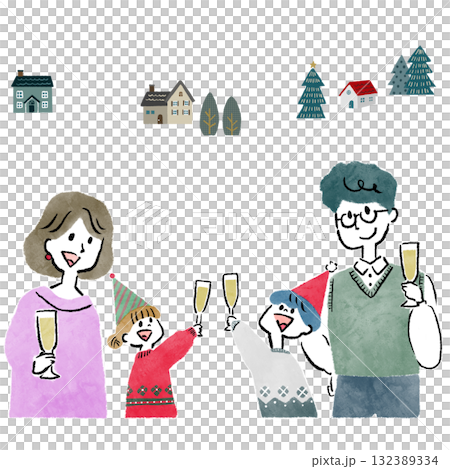 一幅聖誕插畫，描繪了一家四口在斯堪的納維亞風格的街景下舉杯慶祝派對 132389334