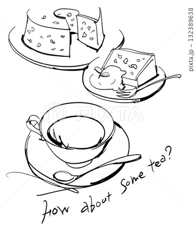 紅茶とスイーツのおしゃれな線画イラスト 紅茶とスイーツのおしゃれな線画イラスト 132389638
