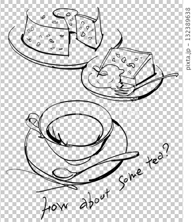 紅茶とスイーツのおしゃれな線画イラスト 紅茶とスイーツのおしゃれな線画イラスト 132389638