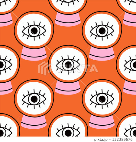 Simple fortune orb hand drawn Halloween seamless pattern on orange background. Vector wallpaper illustration repeat design for fabric print, sticker, cover, wrapping. Simple fortune orb hand drawn Halloween seamless pattern on orange background. Vector wallpaper illustration repeat design for fabric print, sticker, cover, wrapping. 132389676