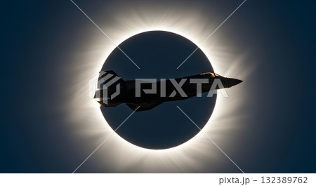 Silhouette Of Jet Aircraft Across Solar Eclipse Depicting Celestial Phenomenon In Dark Space Silhouette Of Jet Aircraft Across Solar Eclipse Depicting Celestial Phenomenon In Dark Space 132389762