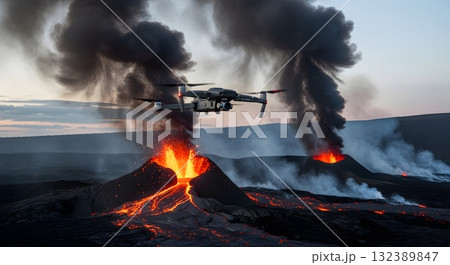 Aerial Drone Captures Volcanic Eruption with Lava Flow and Smoke in Dramatic Landscape 132389847